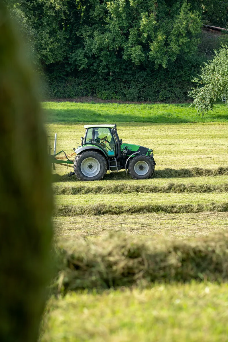 Traktor beim Heuwenden, Gras im Vordergrund unscharf